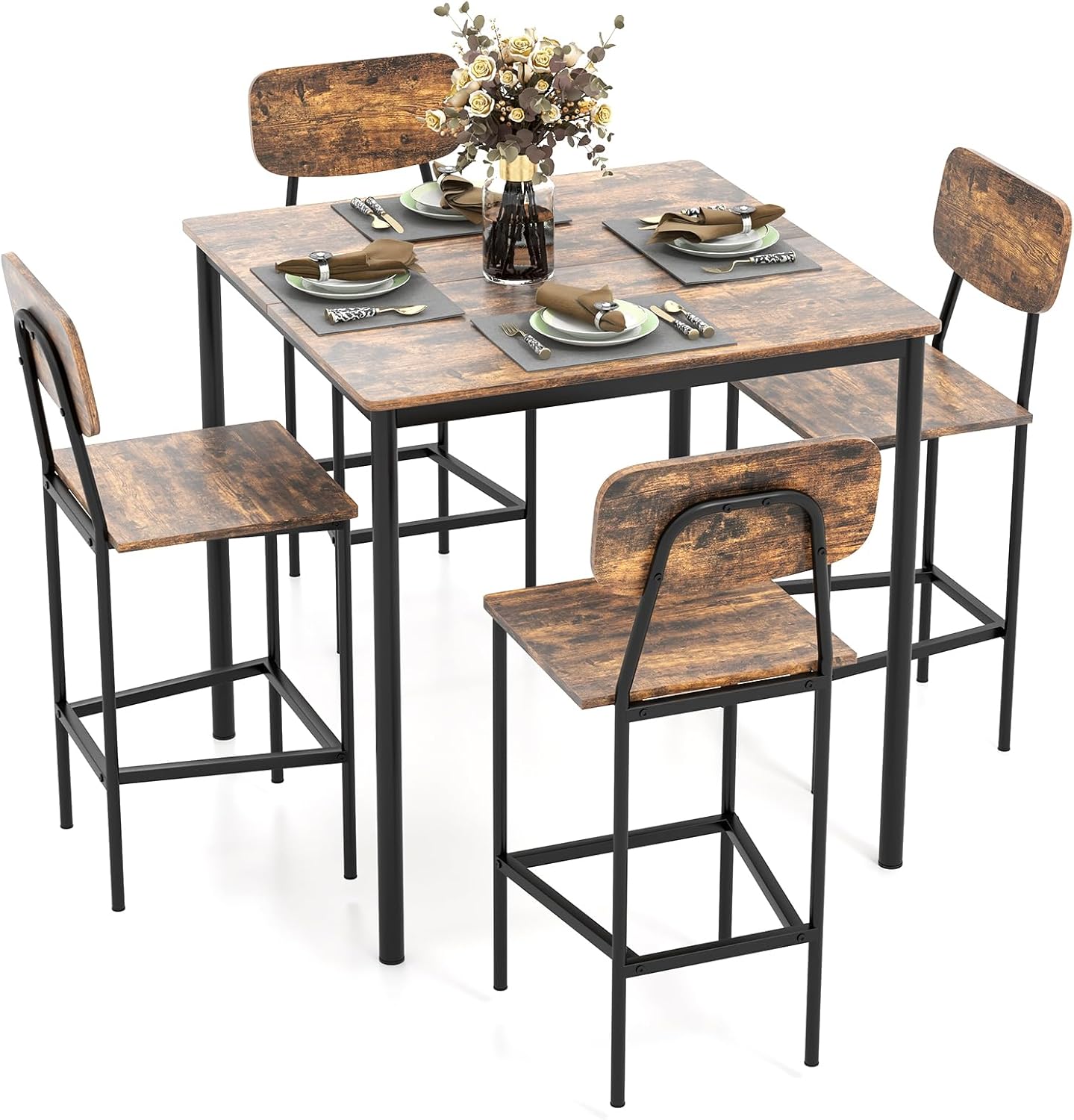 Tangkula Bar Height Table and Chairs, Counter-Height Dining Table Set, Pub Table and Chairs Set of 4, Space-Saving Dinette Set for Breakfast Nook