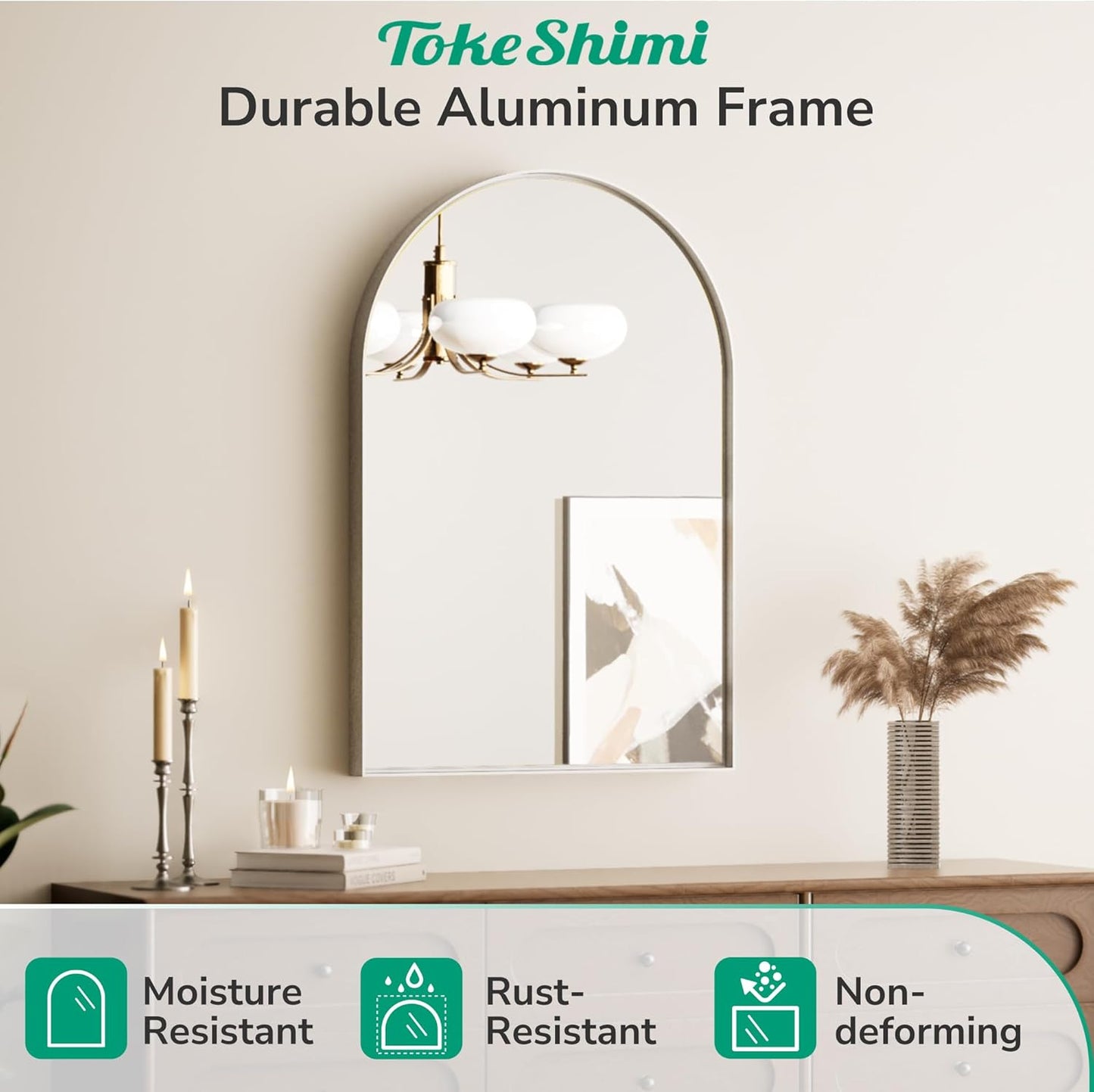 TokeShimi 26x38 Silver Arched Mirror Bathroom with Tempered Glass,Aluminum Frame,Arched Wall Mirror for Bathroom,Bedroom,Entryway