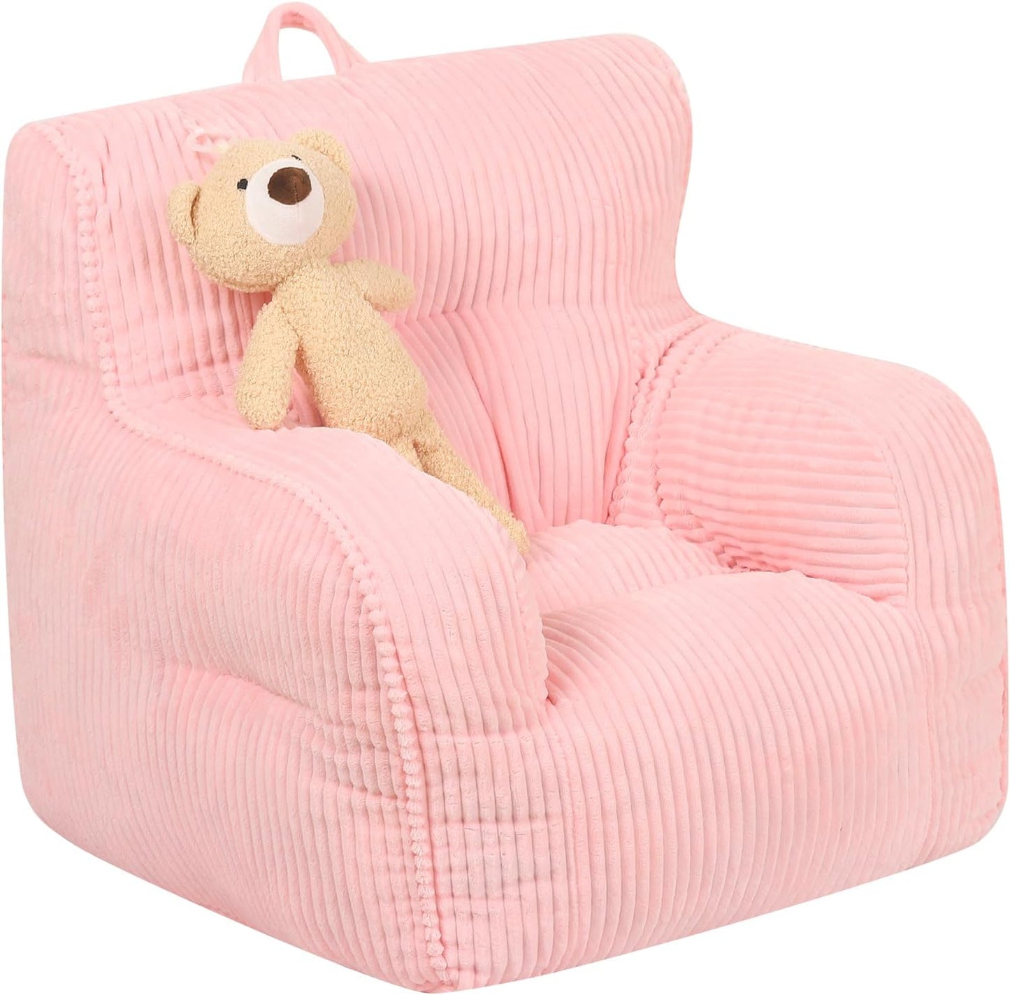 Kids Bean Bag Chair with a Plush Bear, Comfy Toddler Chair for Boys and Girls, Pink