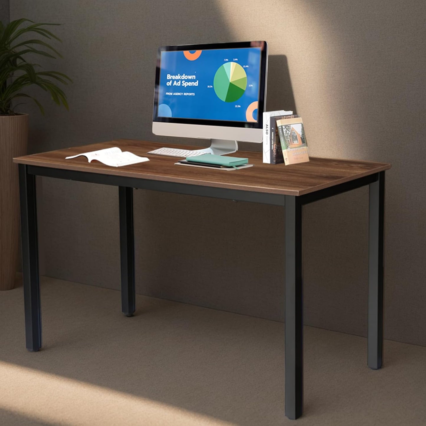 47 inch Large Computer Desk Wood, Modern Simple Style Desk for Home Office, Bedroom, Study Student Writing Desk, Small Spaces, Black Metal Frame, Walnut Top