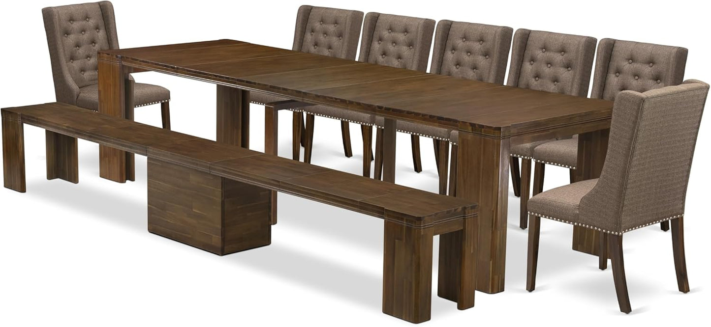 X07FO-B08-18 - 9 Pieces Dining Set Includes an Extendable Rectangle Kitchen Table, 7 Dining Chairs and 1 Modern Bench, 39x120 Inch, Antique Walnut