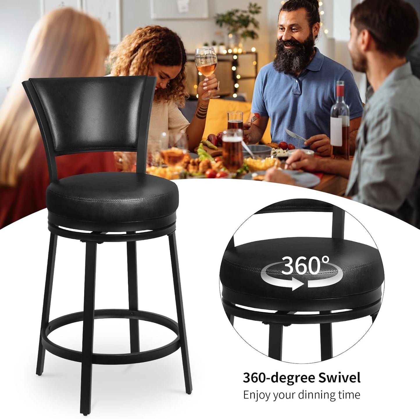 Bar Stools, 25 Inch Metal Counter Height Barstools Set of 2, Faux Leather Round 360° Swivel Bar Chairs with Backrest, Modern Swivel Bar Stool for Kitchen Island, Black