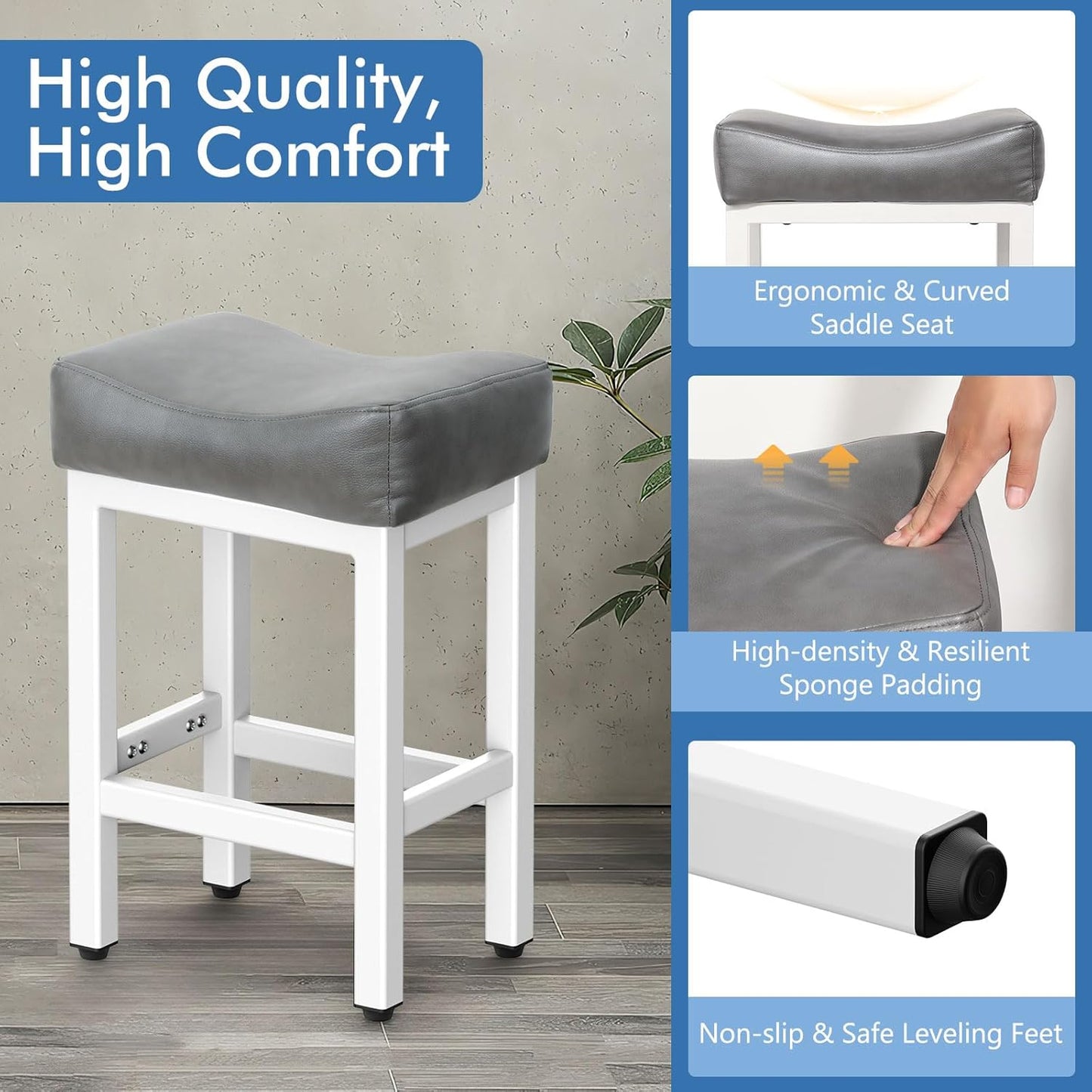 Counter Height Bar Stools Set of 3, 24 Inch Barstools for Kitchen Island Counter, Bonded Leather Kitchen Stools with Thick Saddle Seats & Heavy Duty Metal Base, Easy Assembly, Gray/White