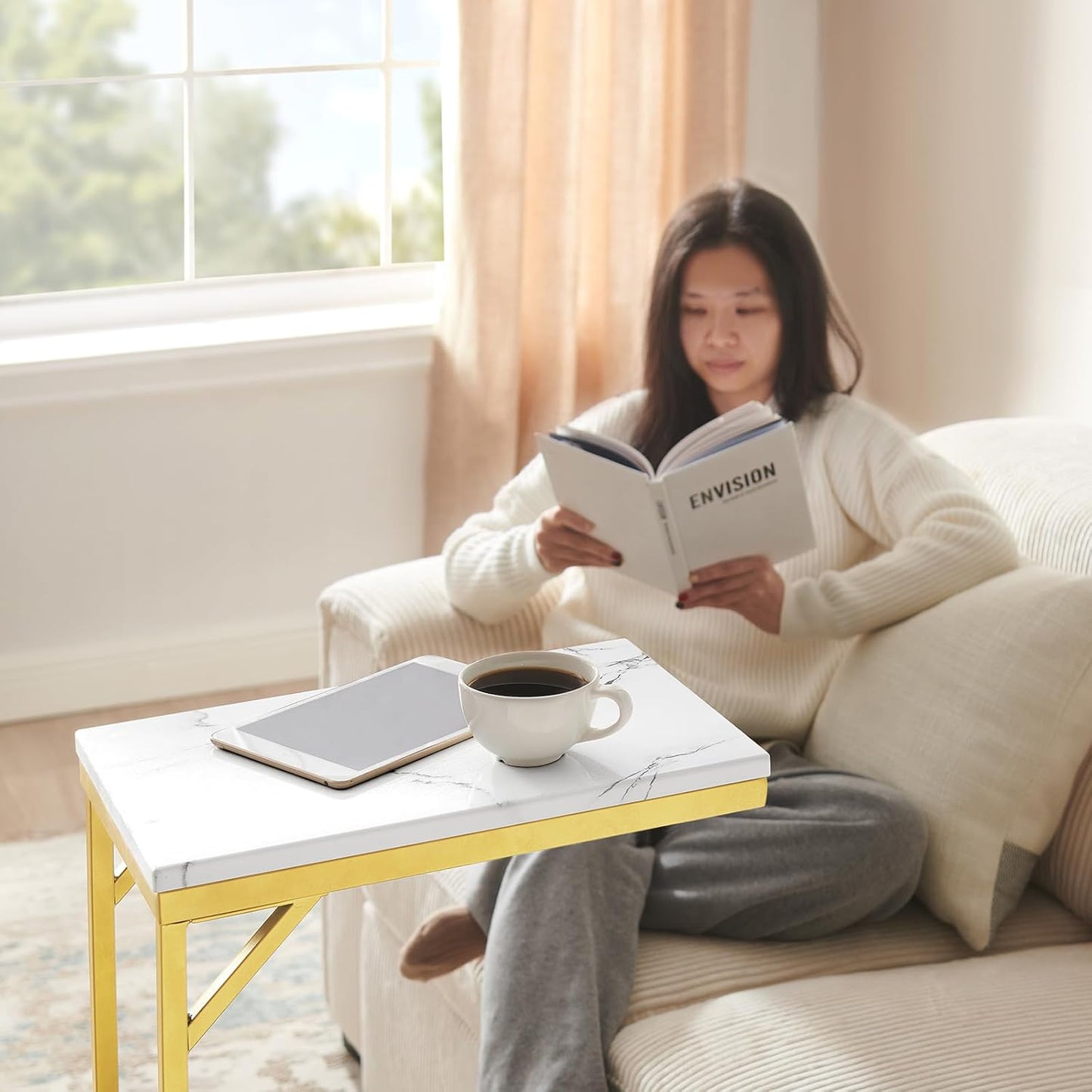 C-Shaped End Table, Small Sofa Table with Metal Frame, Adjustable Height Side Table for Couch, Living Room, Bedroom, Bedside (Gold, Large)