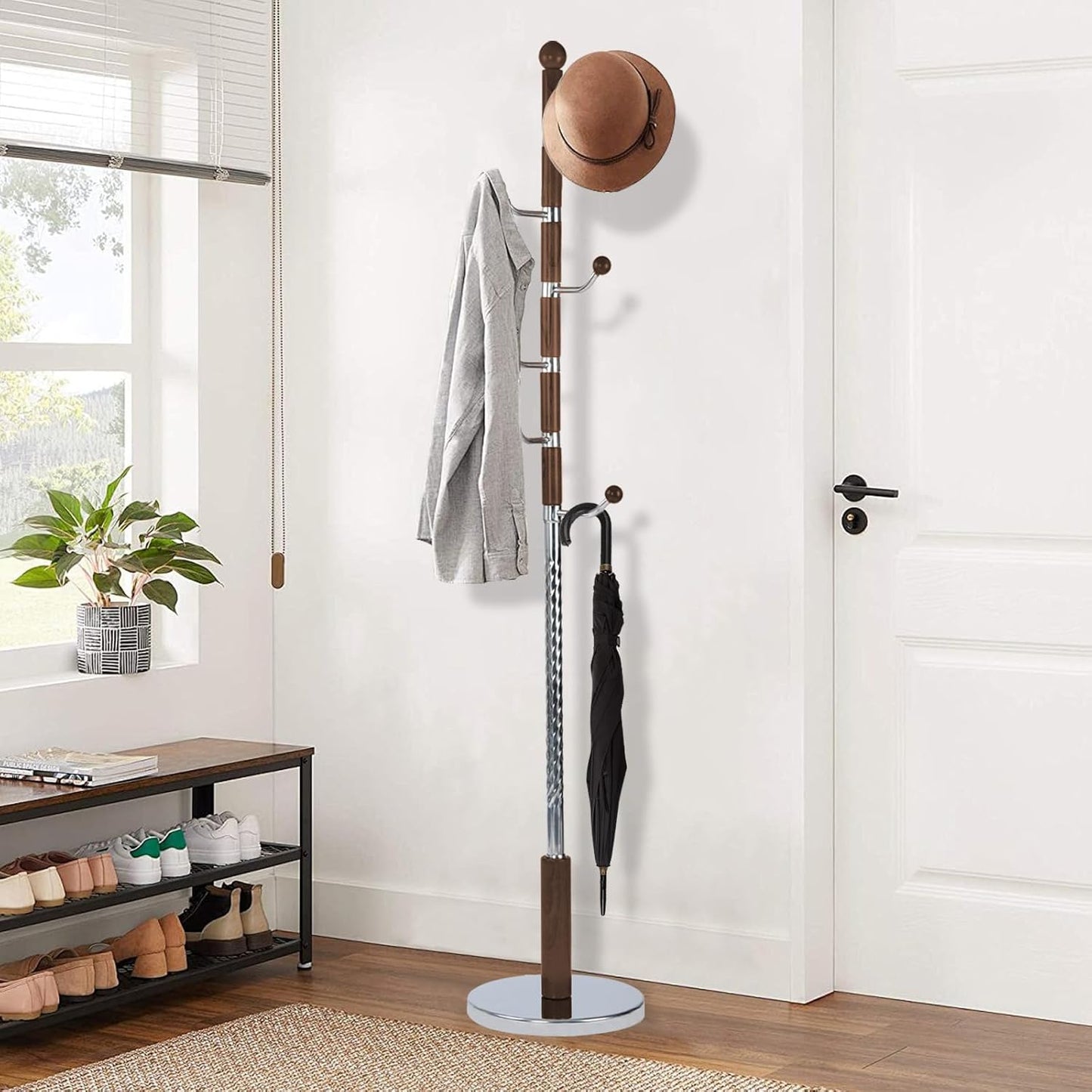 Wooden Coat Rack Freestanding, Vintage Coat Racks with Sturdy Round Base, Adjustable Height 37.40"-72.83" Entrance Coat Rack for Bedroom Living Room Entryway (Walnut Metal Hook)