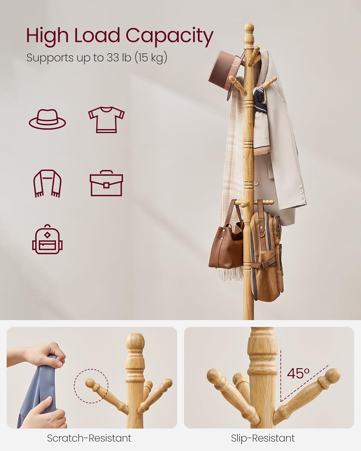 VASAGLE Solid Wood Coat Rack and Stand, Free Standing Hall Coat Tree with 10 Hooks for Hats, Bags, Purses, for Entryway, Hallway, Rubberwood, Natural Beige URCR003Y01