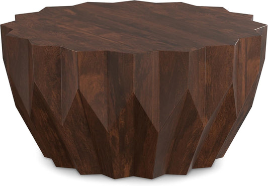 SIMPLIHOME Turnbull Coffee Table - 34 inch Wide Solid Mango Wood Living Room Table in Walnut, Contemporary Sculptural Table for Family Room with Faceted Drum Design and Geometric Cut Edges, Assembled