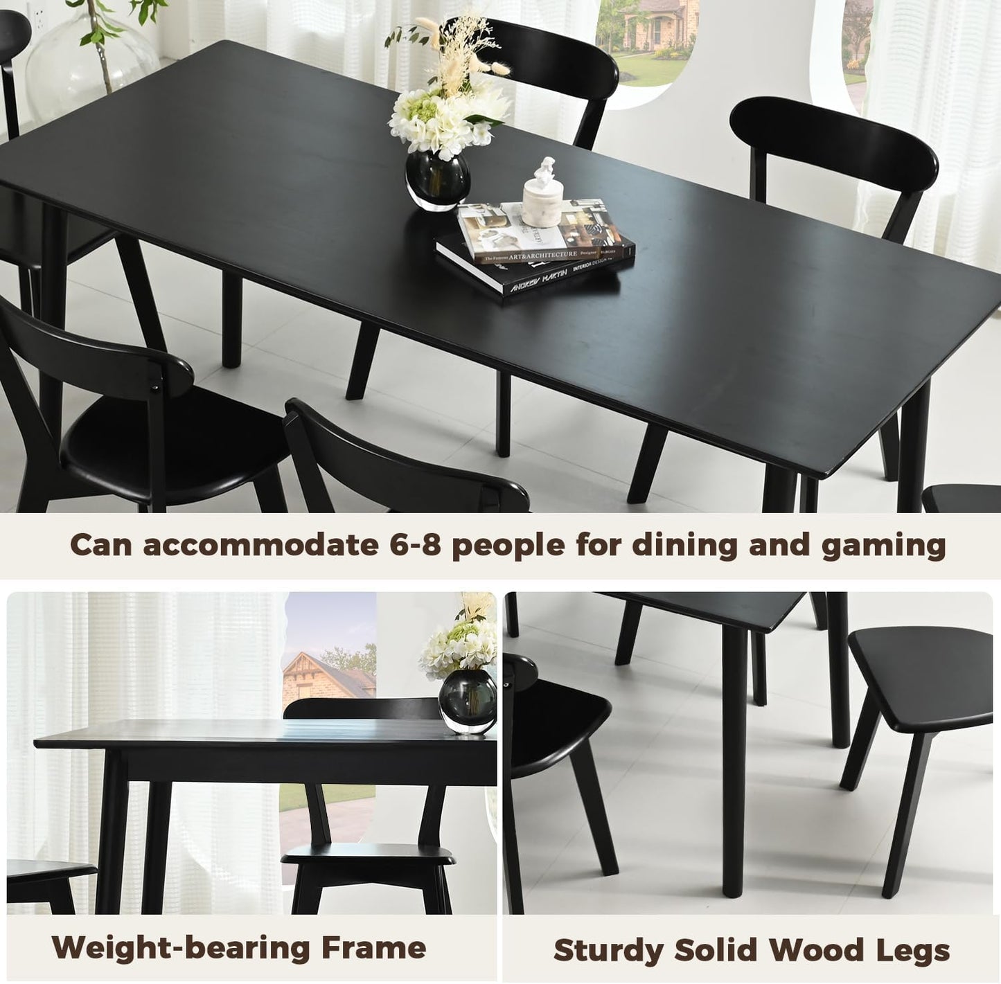 DELAVIN 70.8" Large Solid Wood Dining Table for 6-8 People, Mid Century Modern Rectangular Oak Kitchen Table, Farmhouse Dining Room Table, Easy Assembly, Black