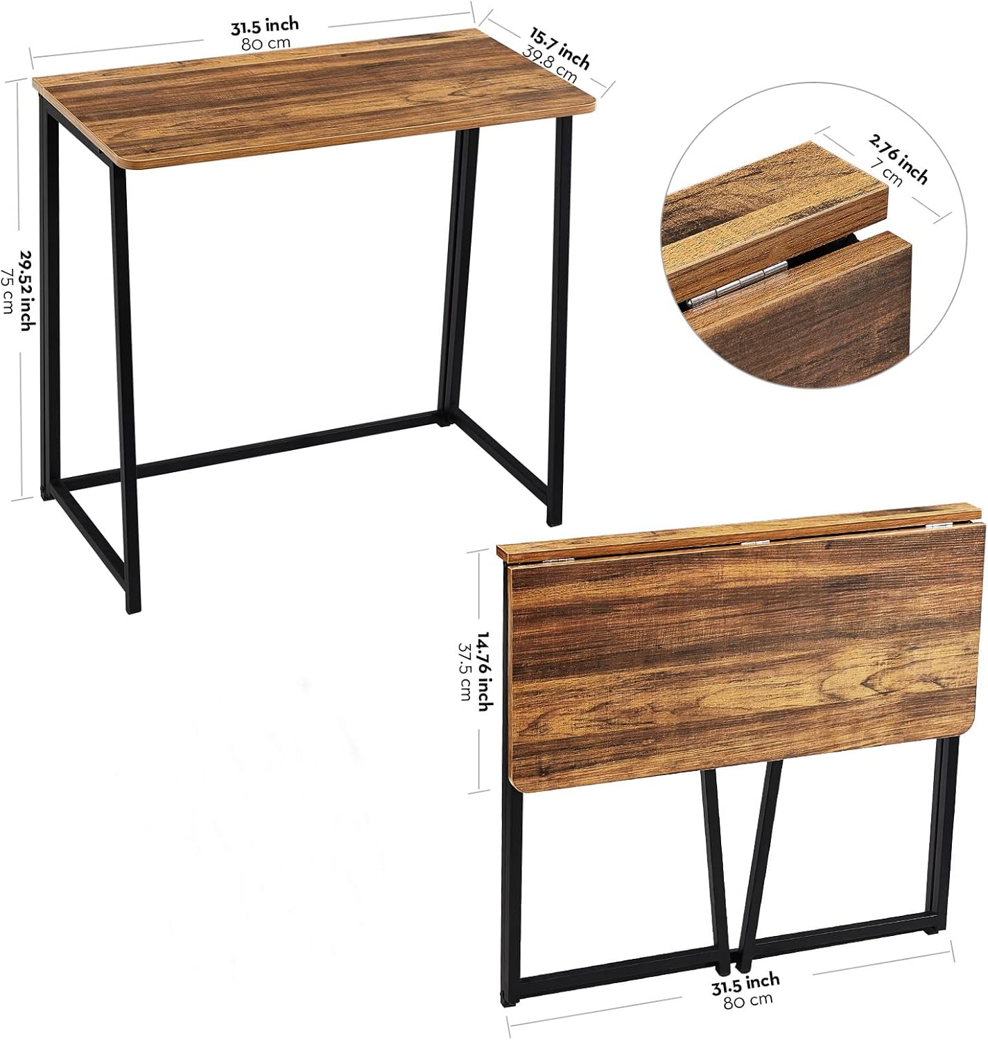 WOHOMO Folding Desk for Small Spaces, 31.5 Inch Foldable Computer Desks, Small Desk for Home Office, Study, Bedroom, Space Saving Writing Work Computer Table, Easy to Fold, Rustic Walnut