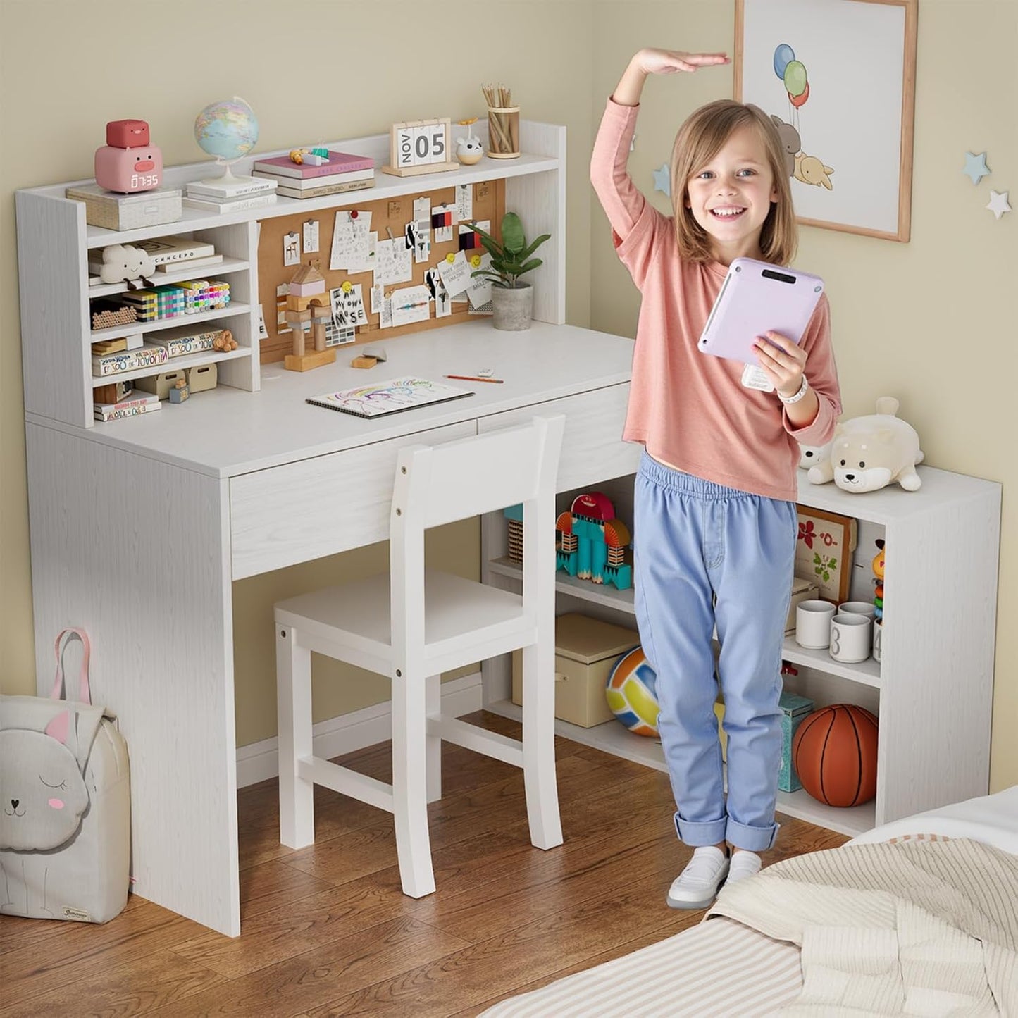 White Wooden Kids Desk and Chair Set, Kids Study Desk with Removable Large Storage Cabinet,Kid Study Table and Chair Set with 2 Drawers & 4 Cabinets,Girls Desks for Kid for Bedroom