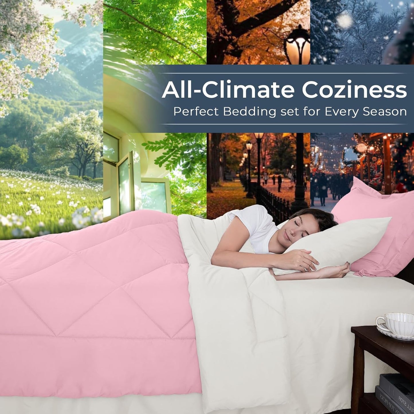 HEVUMYI Full Comforter Set - 7-Piece All Season Bed in a Bag Full, Ultra Soft Bedding Set with Comforter, Flat Sheet, Fitted Sheet, Pillowcases, Pillow Shams, Pink & Ivory