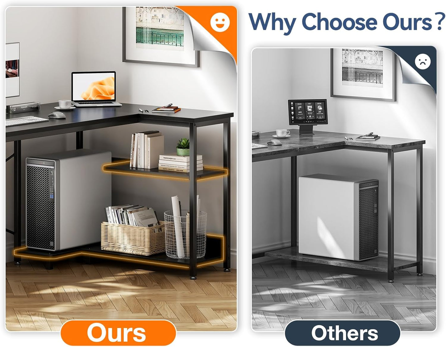 Casaottima L Shaped Computer Desk, 48 Inch Small Corner Desk with Storage Shelves & PC Stand, Reversible Gaming Desk for Bedroom, Modern Writing Study Table for Home Office, Black