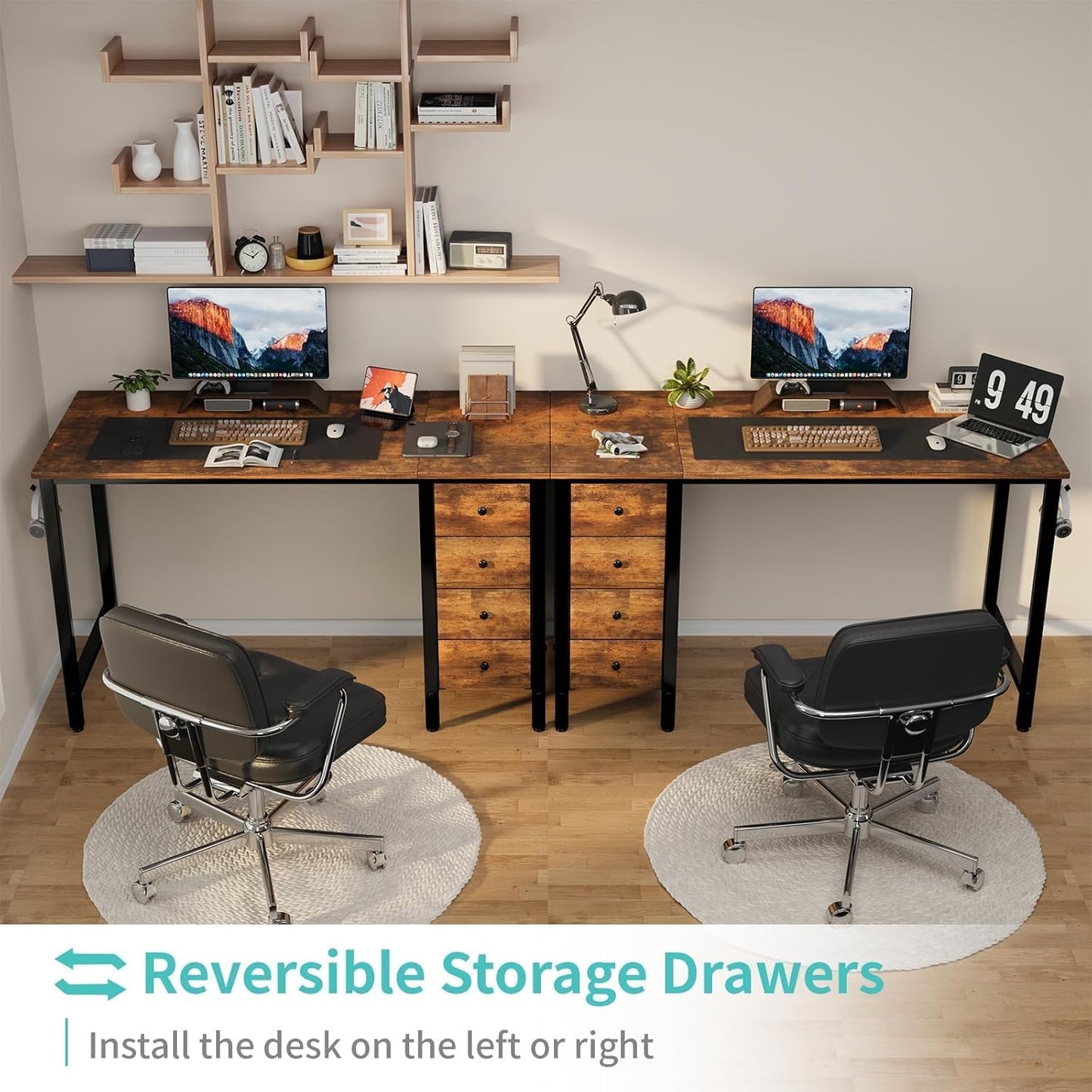 Lufeiya 47 inch Computer Desk with 4 Fabric Drawers, Reversible Writing Work Study Desk for Home Office Bedroom, Modern Simple Student PC Desks, Rustic Brown