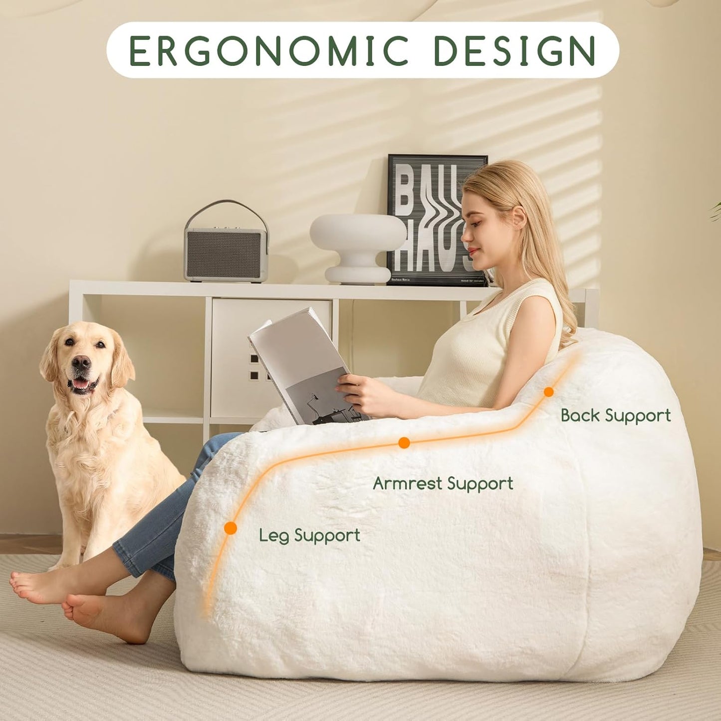 HIGOGOGO Giant Bean Bag Chair for Adults, Big Comfy Sofa Chair for Bedroom Living Room, Bean Bag Lazy Chair for Adults with Armrests for Gaming, Reading, Fur Beige