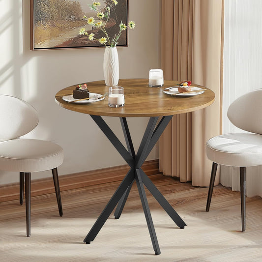 Unovivy 31.5" Small Round Dining Table for 2-4, Space Saving Circle Kitchen Dinner Table, Industrial Mid Century Modern Dining Room Desk for Kitchen, Apartment, Light Brown