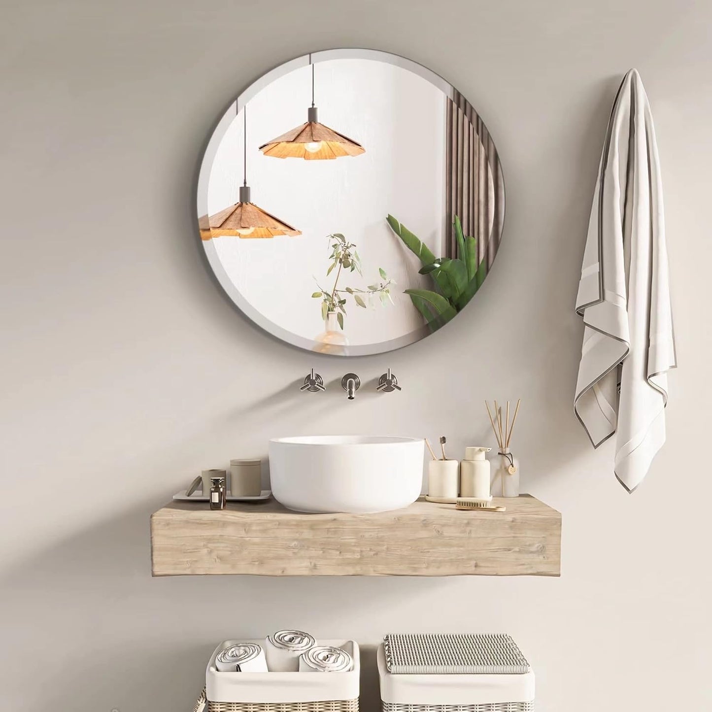 24" Frameless Beveled Round Mirror with 1" Edge for Bathroom, Entryways, Vanity Wall Decor