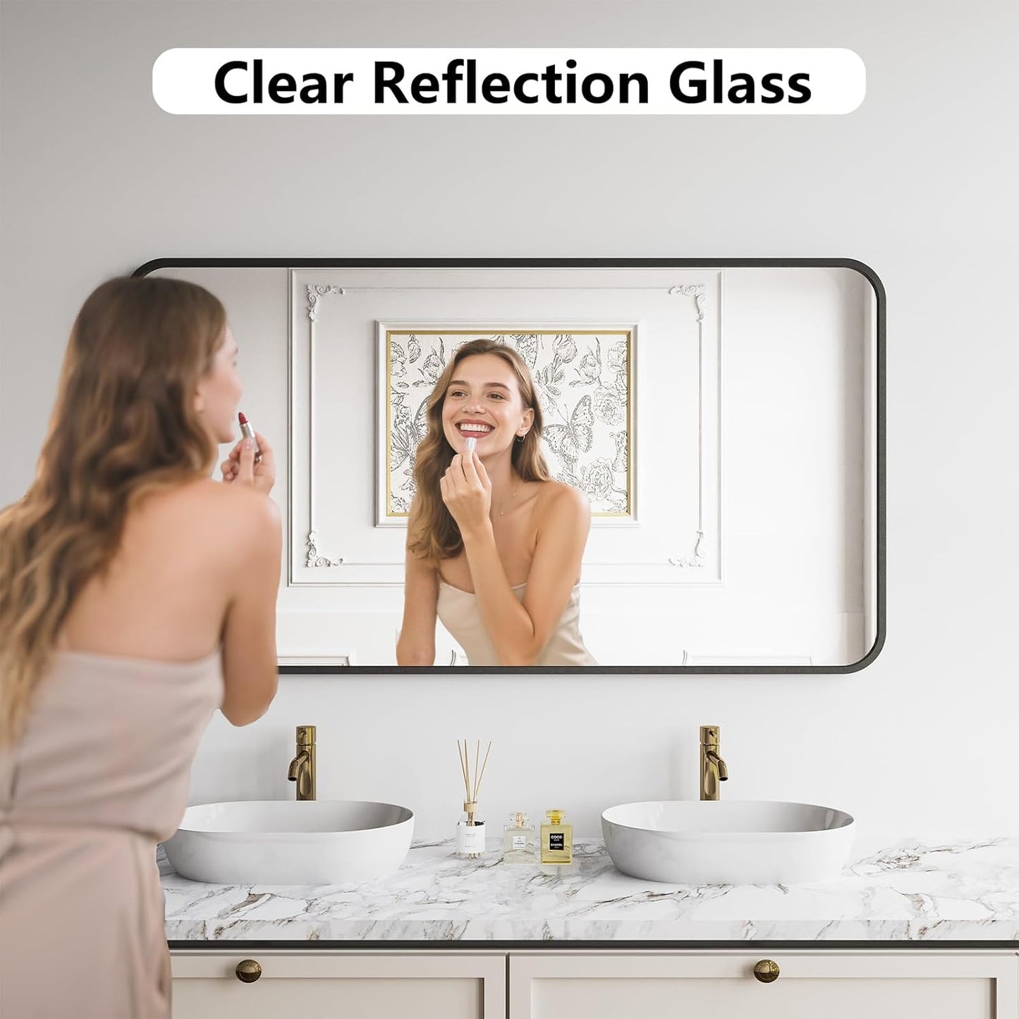 Bathroom Mirror, 30X55 Inch Black Metal Framed Mirror for Bathroom, Tempered Glass, Anti-Rust, Rounded Rectangle Mirror for Restroom, Bedroom, Black