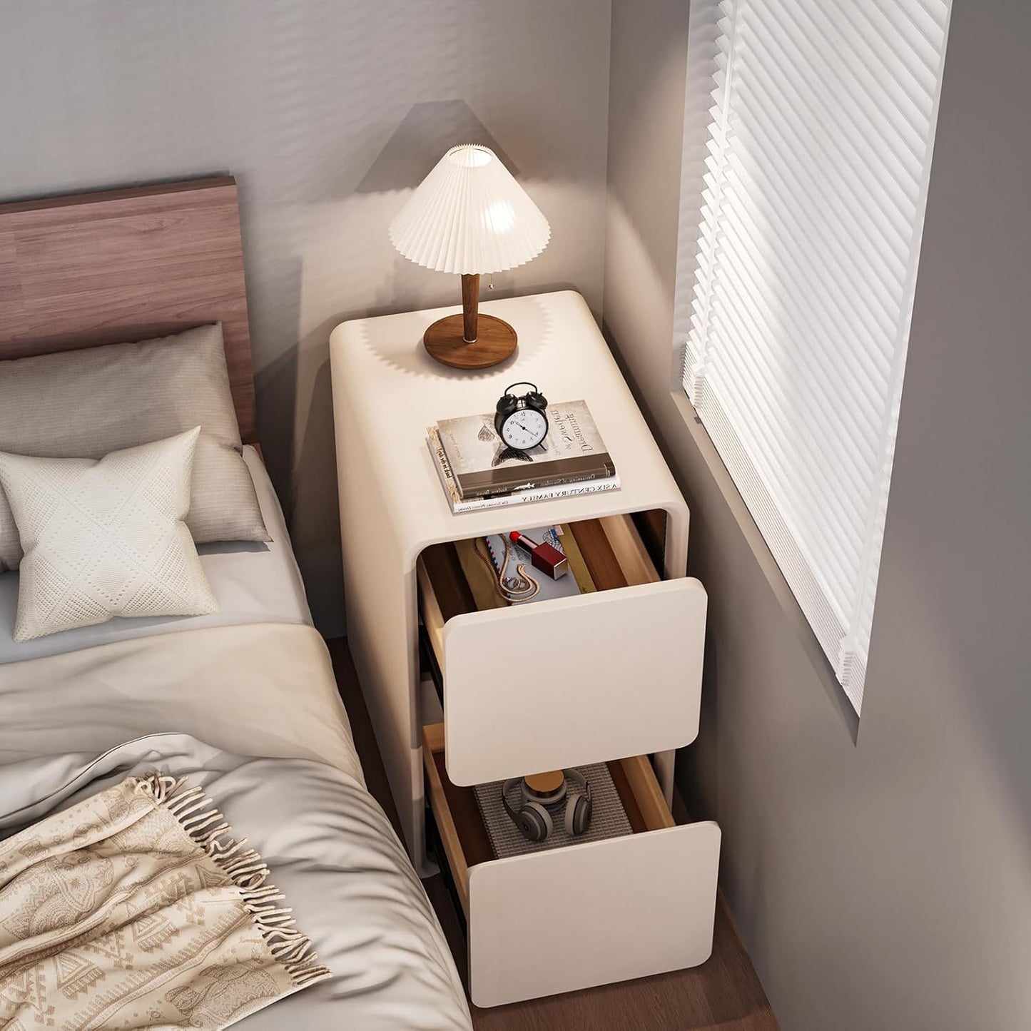 VICITON Modern Narrow Faux Leather Nightstand, Solid Wood Drawer, Storage Accent Table, Small Side End Table for Bedroom (Cream White, Nomal(12 inch))