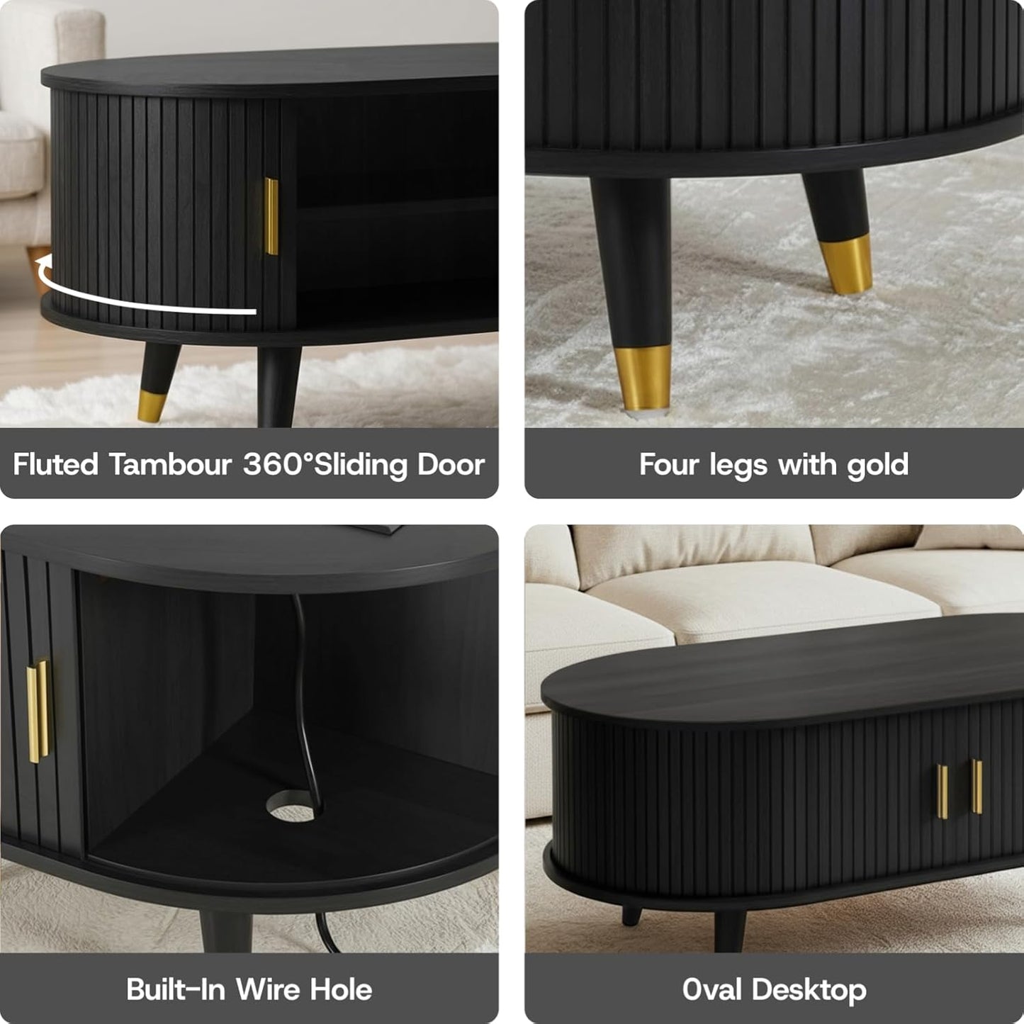 Mid-Century Fluted Oval Coffee Table with 360° Tambour Doors, Hidden Storage, Solid Wood Legs & 2 AC+2 USB Charging Station, Modern Coffee Table for Living Room, Apartment, Black