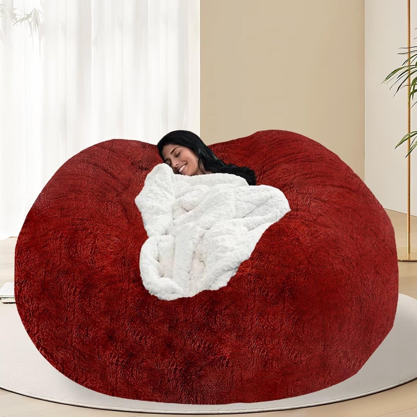 BCU Oversized Bean Bag Cover Comfy Beanbag Chair for Adults Without Filler Faux Fur Floor Chair Lazy Sofa Cover Comfy for Living Room Chairs, Burgundy Red, 5FT