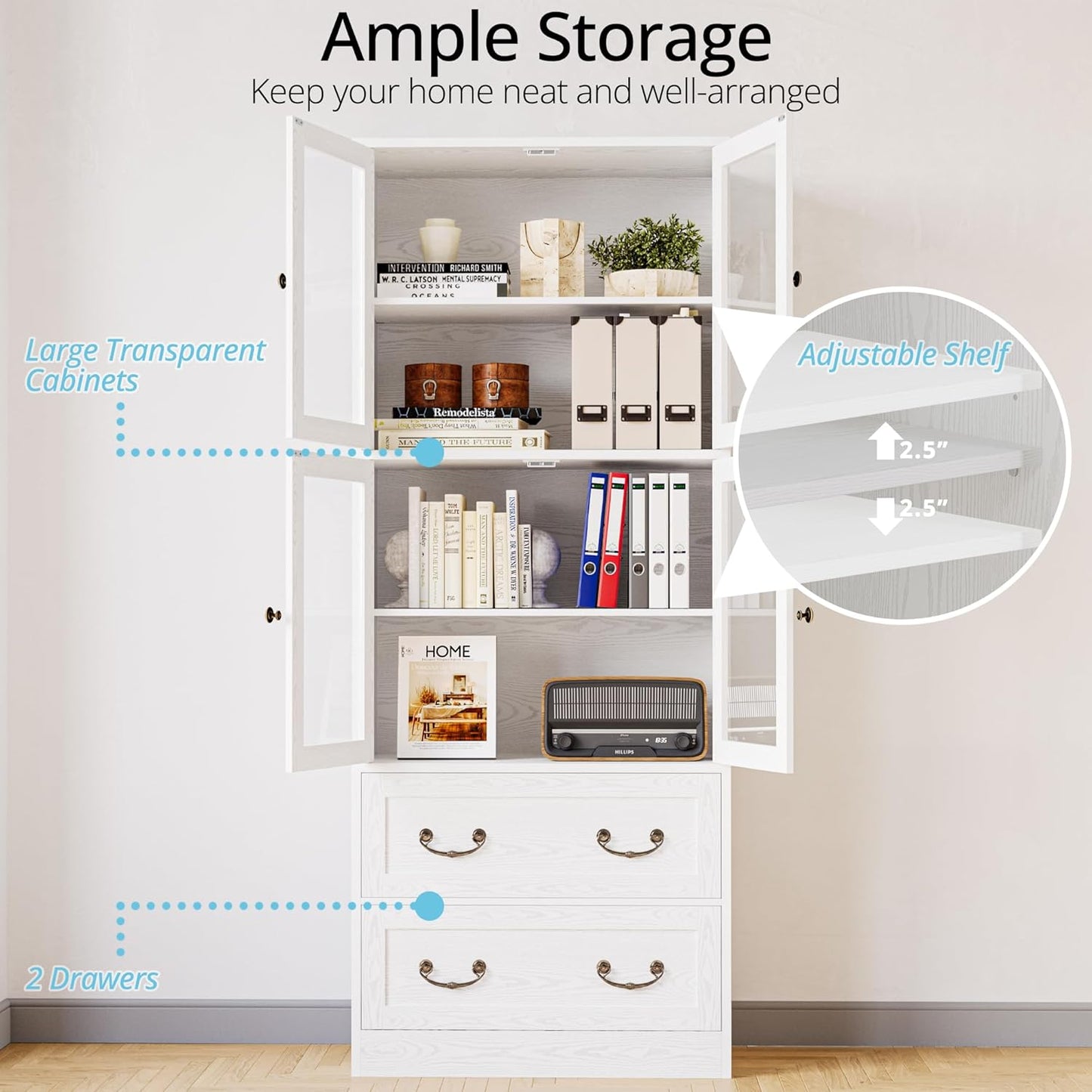 IRONCK Bookshelves and Bookcases, Bookshelf with 2 Drawers, 79.1" Inch Tall Bookshelf, 4 Tier Bookcase with Acrylic Doors, Large Storage Cabinet for Home Office, Living Room, Kitchen
