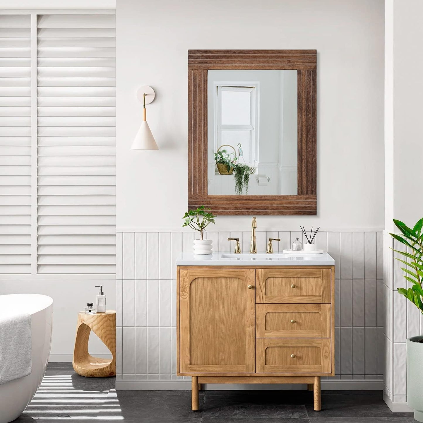 Rustic Mirror Wooden Rectangular Antique Wall Mirror Frame Decor Farmhouse Bedroom Dresser Bedroom Entryway Mirror Large Brown 26"x18"