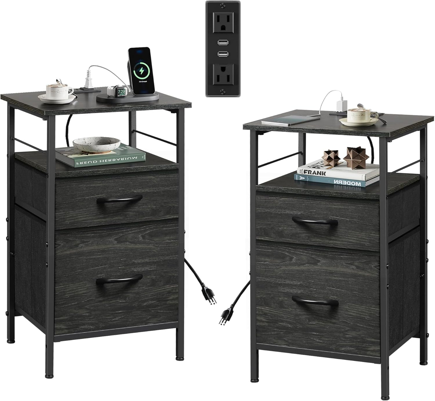 WLIVE Night Stand Set 2, Black Nightstand with Charging Station, Bedside Tables for Bedroom, Side Table with Fabric Drawers, USB Ports and Outlets