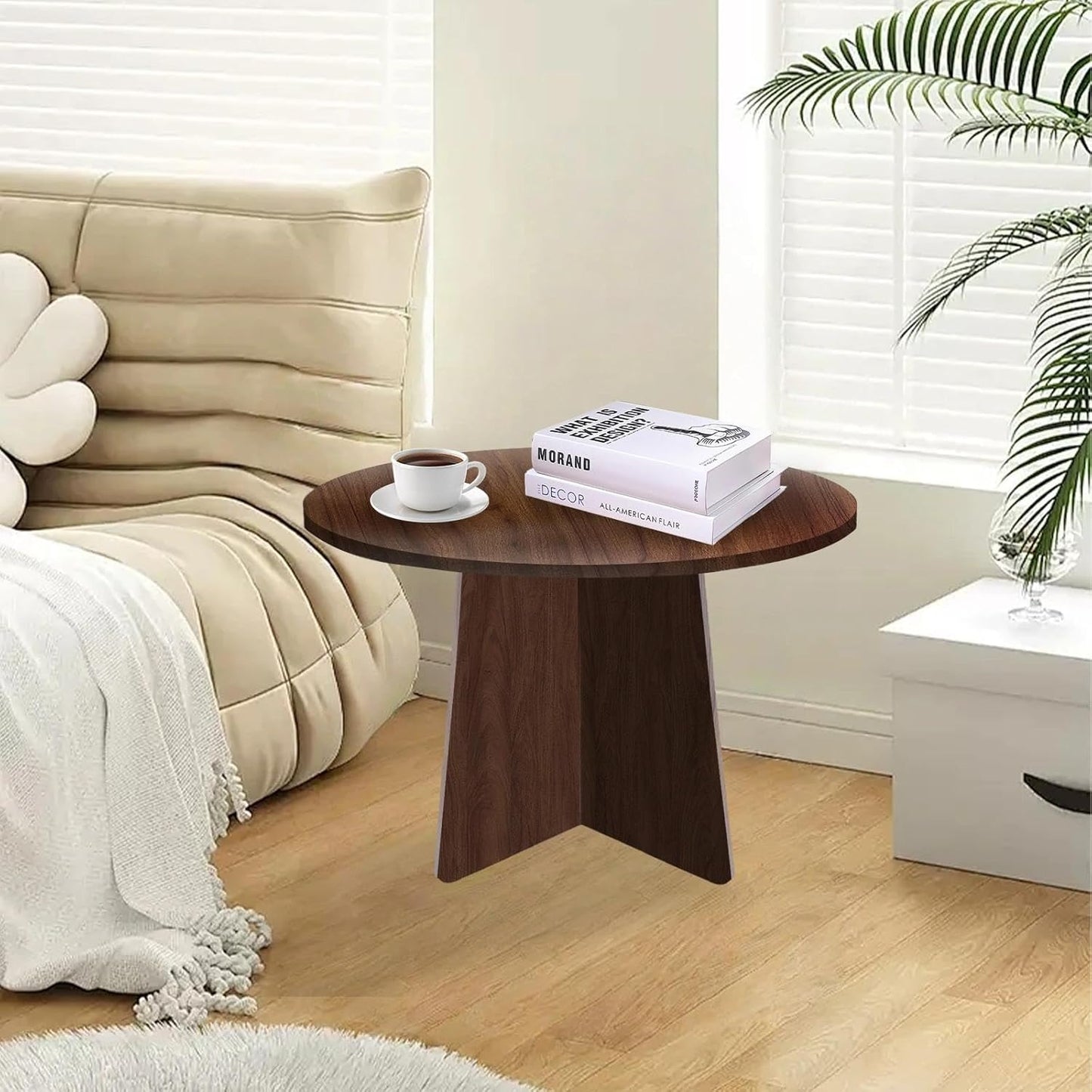 Wood End Table, Round Side Tables Living Room, Small End Tables for Small Spaces, Sofa, Bedroom, Office, 19.7 x 17.7 in Wooden Side Table, Rustic Walnut