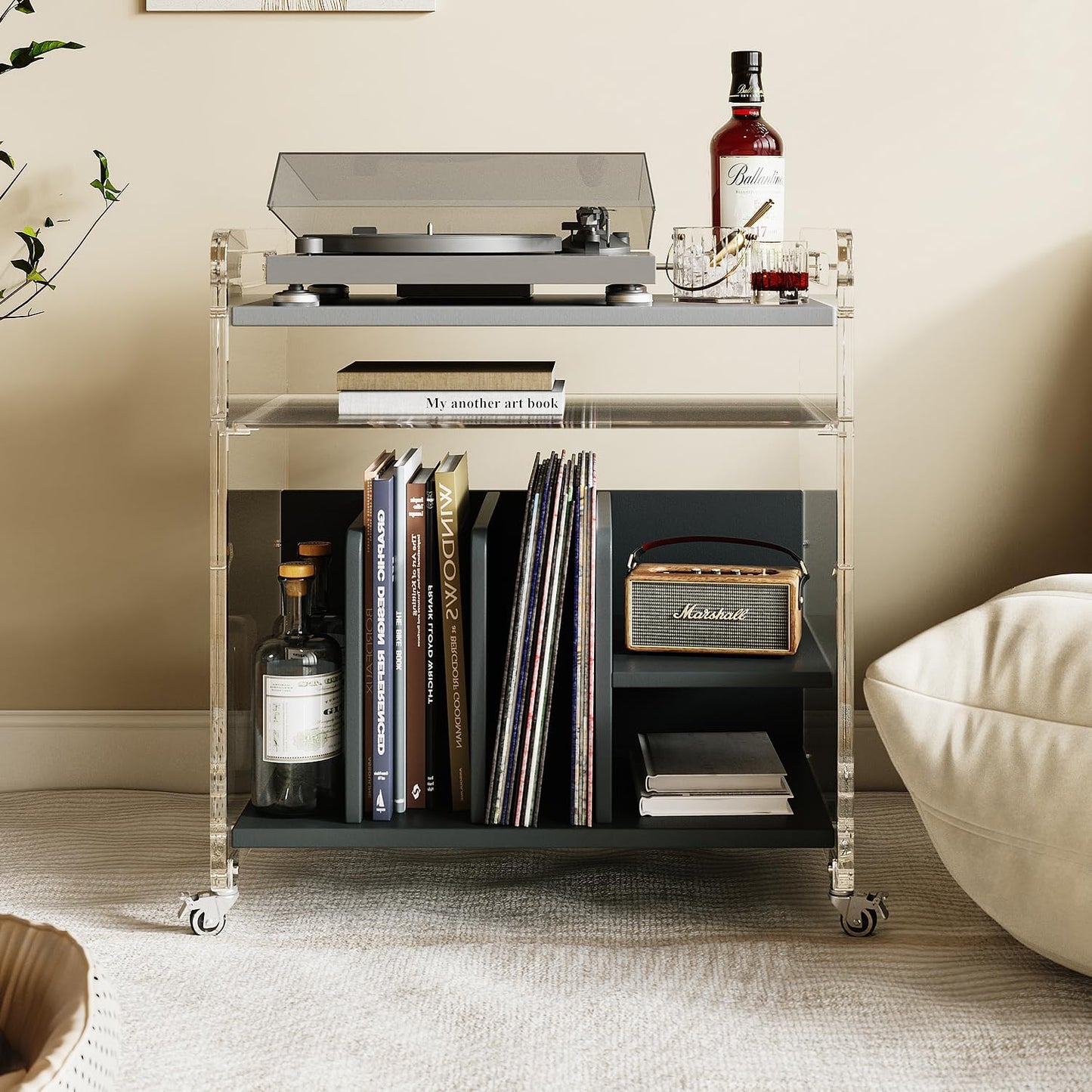 Acrylic Record Player Stand，Vinyl Storage Holder Cabinet with Wheels，Large Turntable Stand with Shelf,Coffe Table Movable End Table Nightstand Stereo Cabinet for Living Room Bedroom Office
