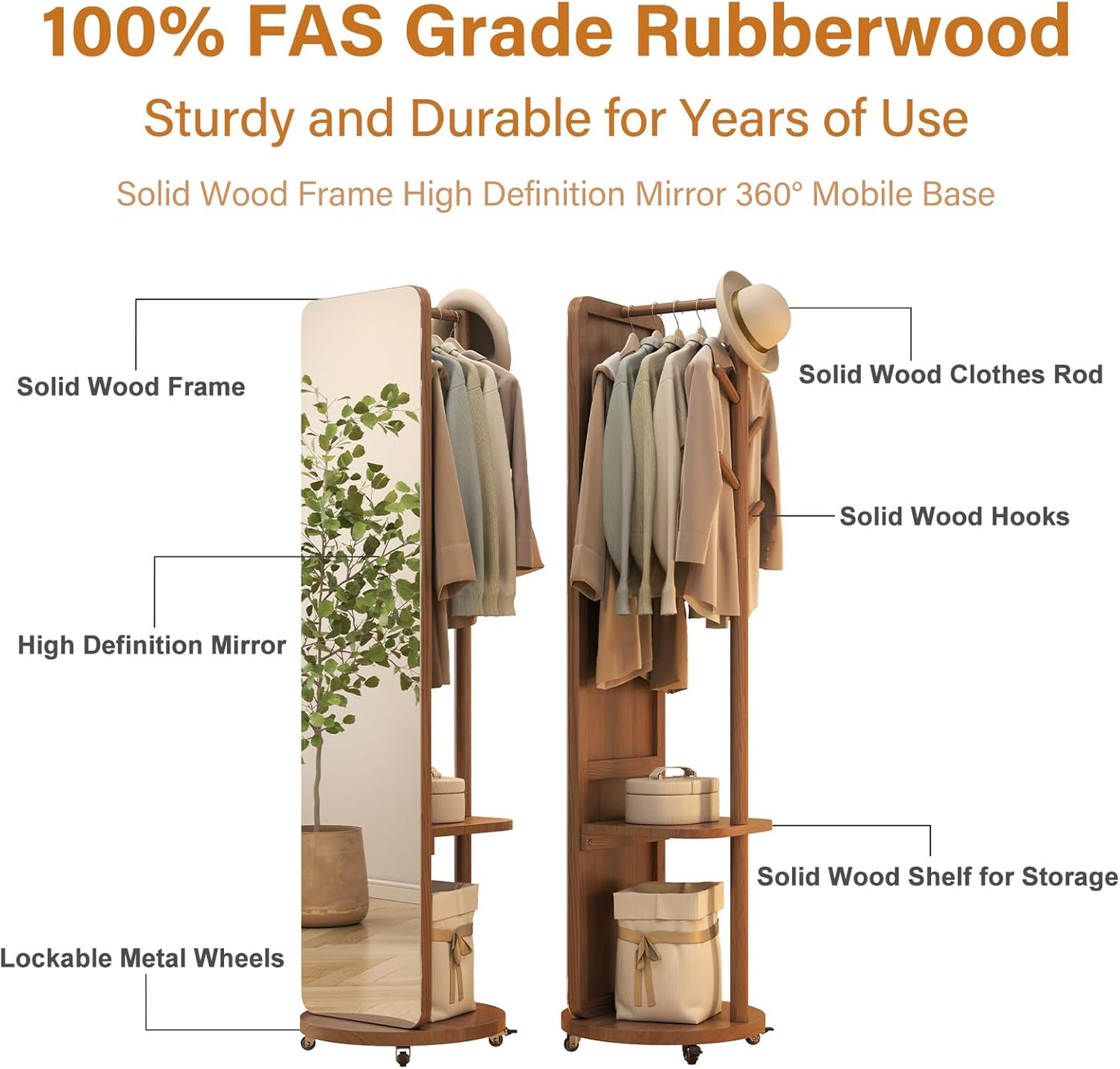 70"x16"Full Length Mirror with Stand,Coat Rack with Mirror,Solid Wood Floor Mirror,Swivel Mirrorfor Bedroom, Living Room, Cloakroom