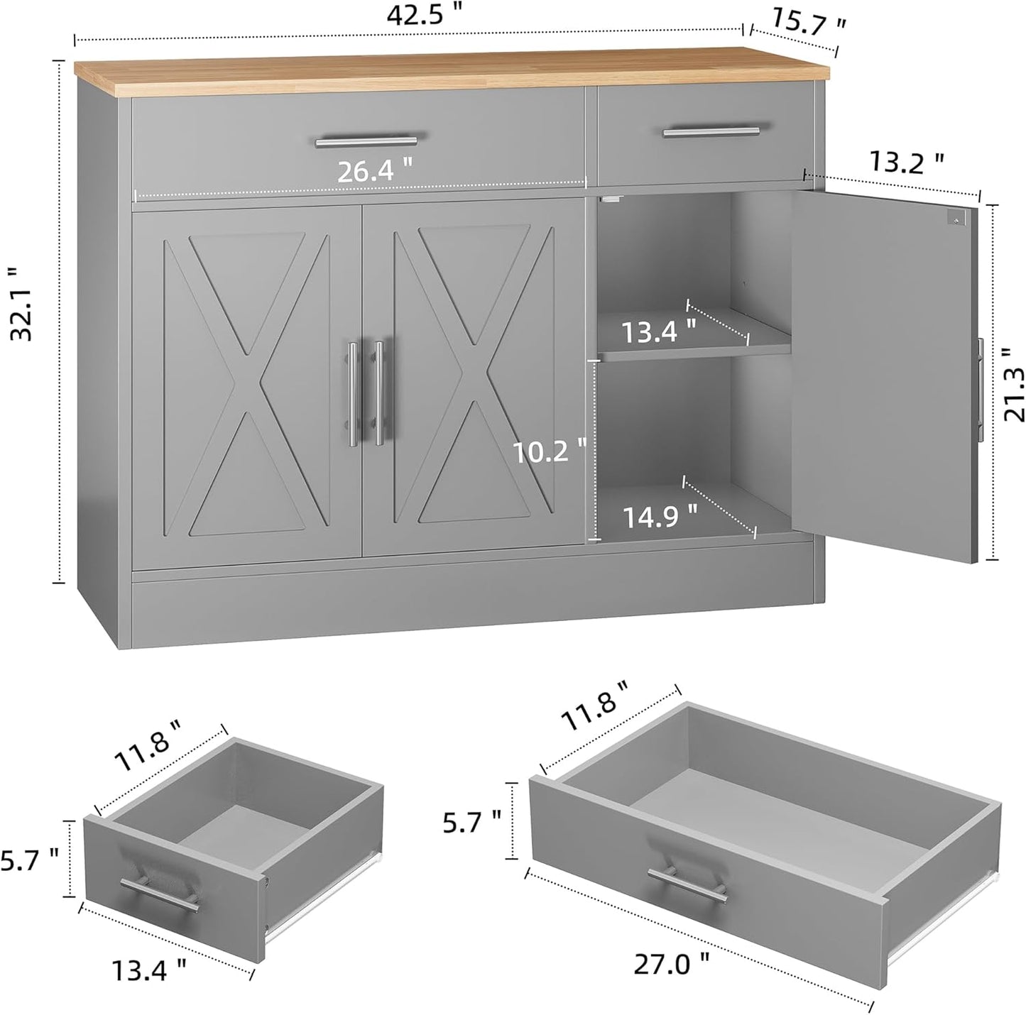 Shintenchi Modern Farmhouse Sideboard Buffet Cabinet with Storage with 3 Doors, 42"Barn Doors Buffet Cabinet with Storage, Wood Coffee Bar Cabinet with Adjustable Shelf for Kitchen, Living Room, Grey