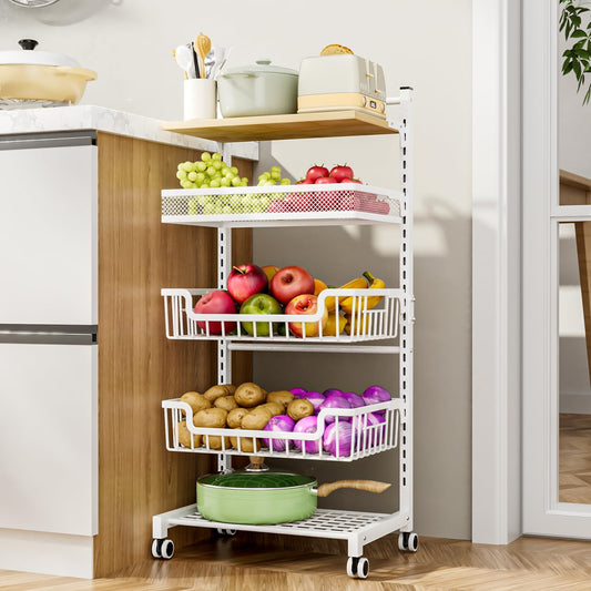 HapiRm Fruit Basket Kitchen Cart - 5 Tier Adjustable Vegetable Storage Rack, Large Capacity Rolling Kitchen Carts on Wheels for Snack Onion and Potato Storage