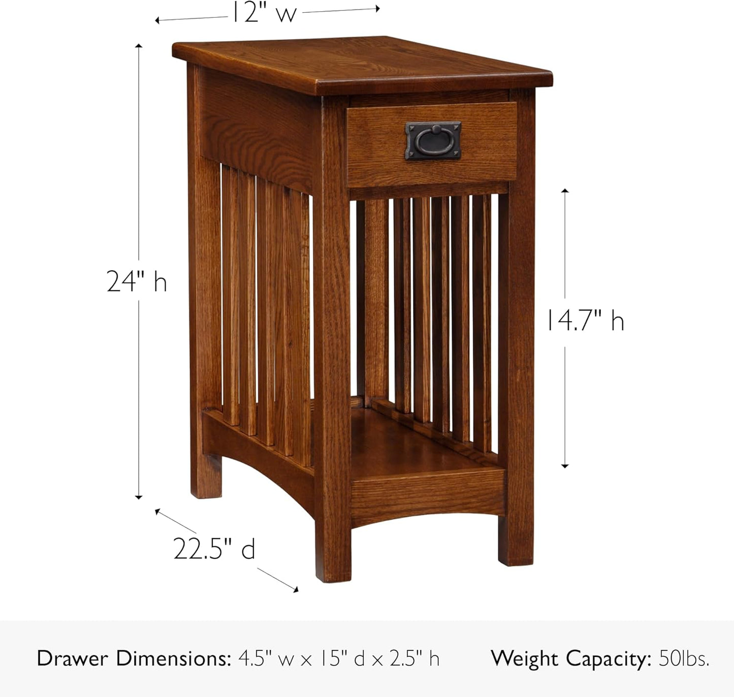 Leick Home Mission Impeccable Coffee Table, Solid Wood with 2 Drawers & Shelf, Medium Oak Finish, Blackened Hardware, Slatted Sides, Easy Assembly, 48 in W x 24 in D x 19 in H, 8204