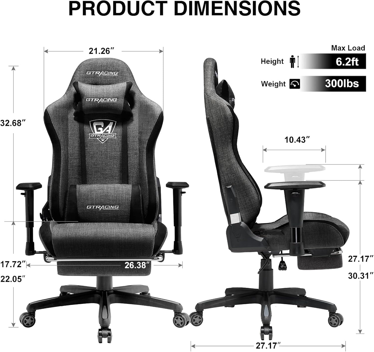 GTRACING Gaming Chair with Footrest, Fabric Breathable Big and Tall Ergonomic Computer Chair 350 lbs with Adjustable Lumbar Support and Recliner, High Back Game Chair for Office Gaming, Darkgray