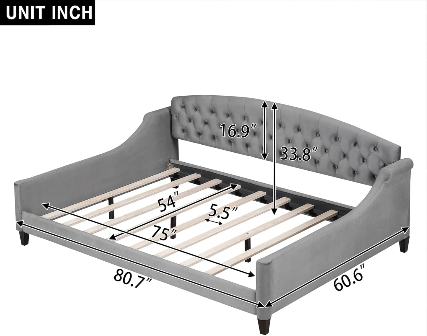 Full Size Modern Luxury Tufted Button Daybed, Stylish Wood Upholstered Day Bed,No Box Spring Required, Easy Assembly,for Bedroom,Living Room and Guest Room,Den,Office,Gray