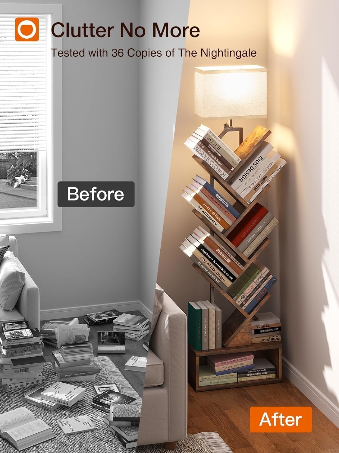 addlon 6-Tier Tree Bookshelf, Steel&Wood Corner Shelf with 3CCT Bulb,Small Book Shelf for Bedroom, Home Office&Living Room-Rustic Brown