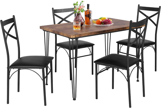 VECELO Kitchen Dining Room Table Set with 4 Chairs for Small Space, Apartment,Metal Steel Frame