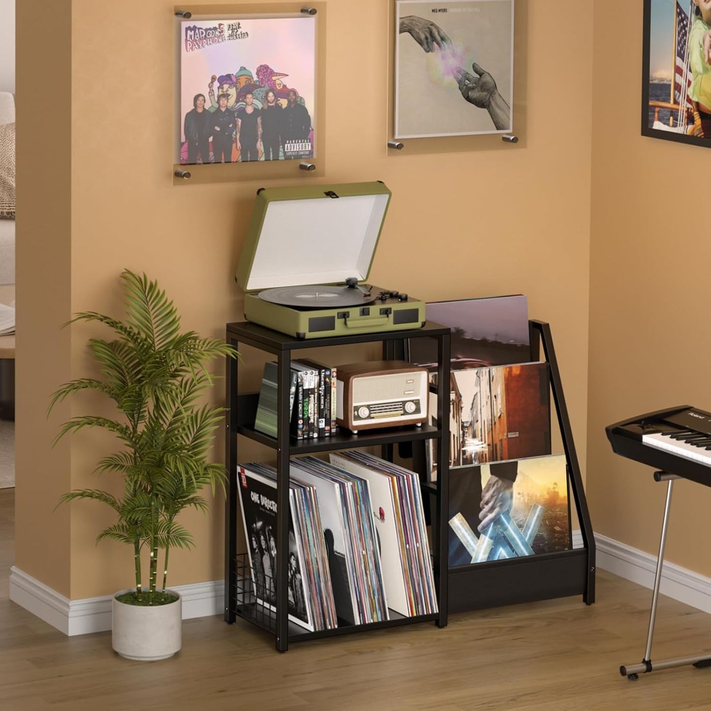 LELELINKY Black End Table,Record Player Stand with Vinyl Storage,3 Tier Side Table with Display Shelf Storage Up to 150 Albums,Industrial Large Record Holder Cabinet for Living Room