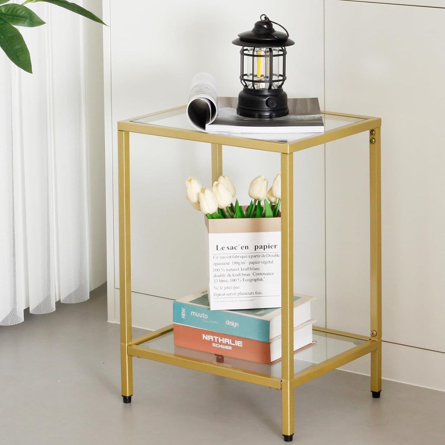 Modern 2-Tier Tempered Glass End Table - Stylish Black Metal Side Table for Small Spaces, Perfect for Living Room & Bedroom (Gold, 1PCS)