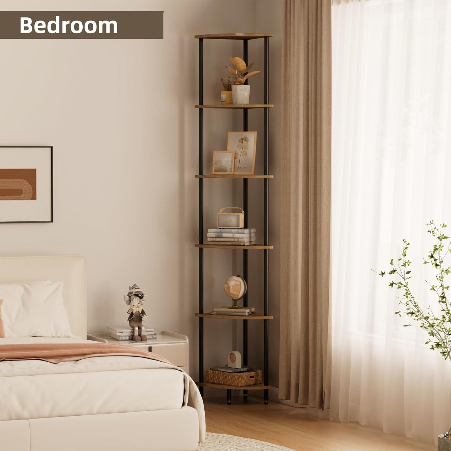 6 Tier Corner Shelf, Bookcase for Small Spaces, Corner Display Shelf, Plant Stand, Rustic Brown and Black,Suitable for Bedroom,Living Room,Kitchen