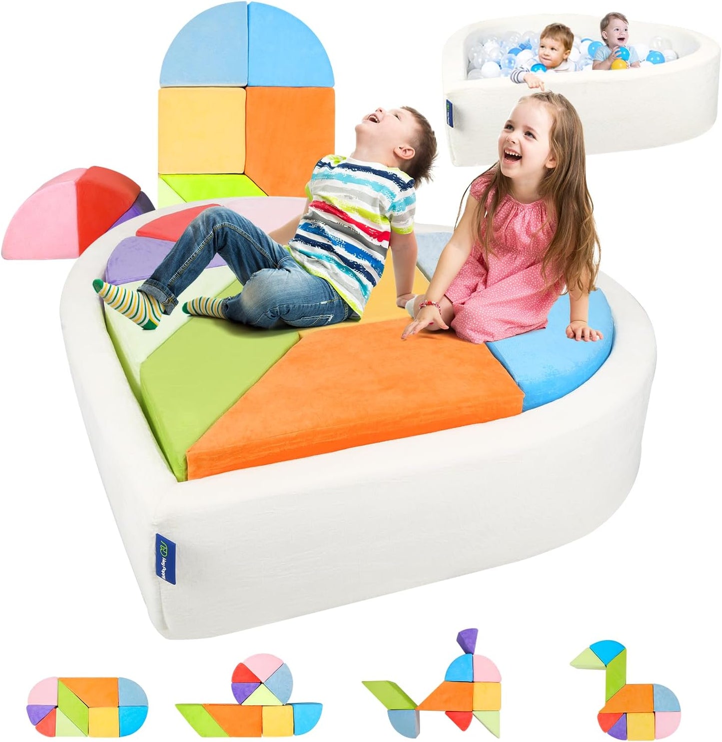 Kids Play Couch, 2-in-1 Heart-Shape Kids Plays Sofa with Unique Ball Pit(no Balls Included), Tangram Puzzle Play Couch for Playroom, Modular Play Sofa for Inspiring Creativity, Rainbow