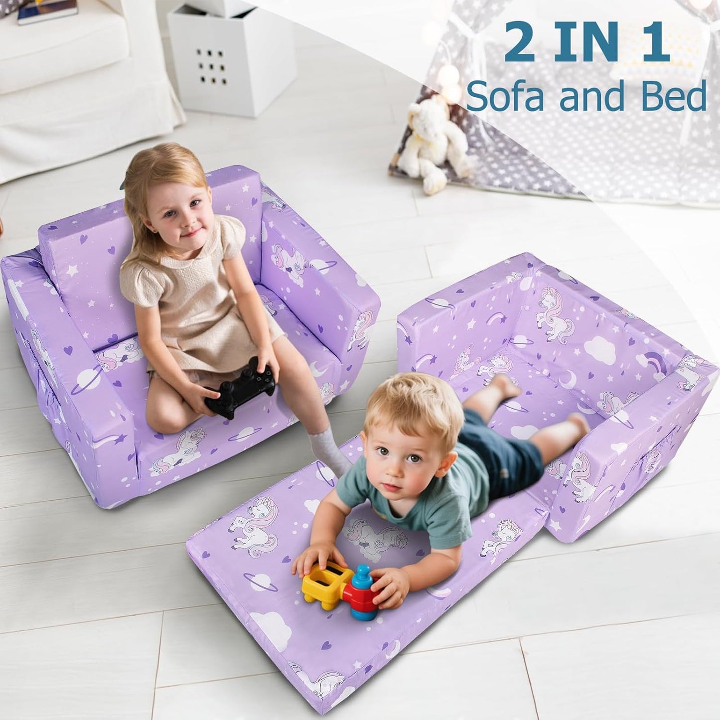 Kids Couch, 2-in-1 Kids Fold Out Sofa, Convertible Toddler Couch to Lounger for Girls and Boys, Soft Toddler Chairs Comfy 1-3 Years Old(New Unicorn)