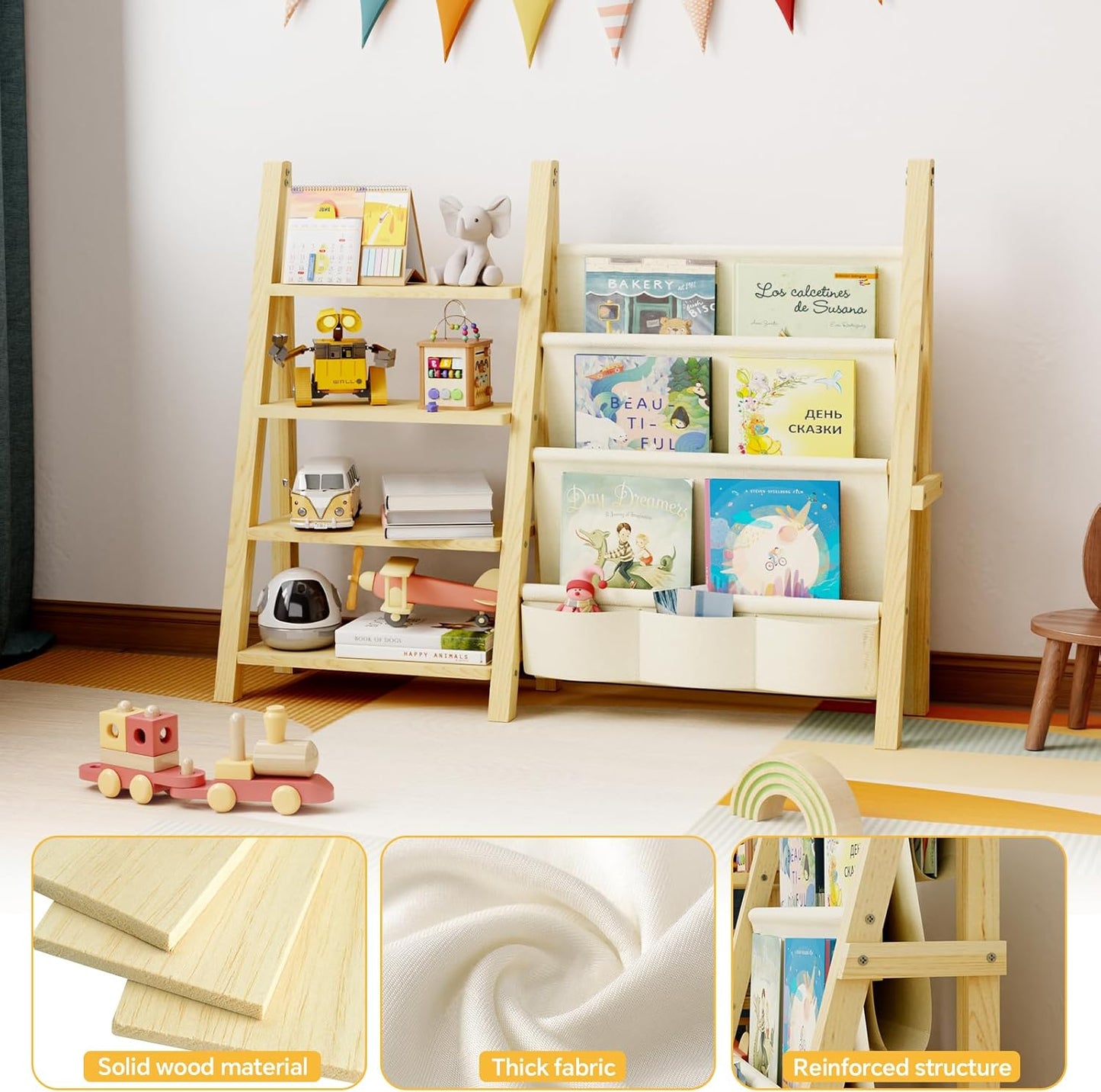 Toy Storage Organizer with Kids Bookshelf, Montessori Wooden Toy Organizer Book Shelf for Kids Rooms, Nursery, Playroom, Child, Baby, Toddler Bookcase, Toys Rack Fabric Sling Book Shelves