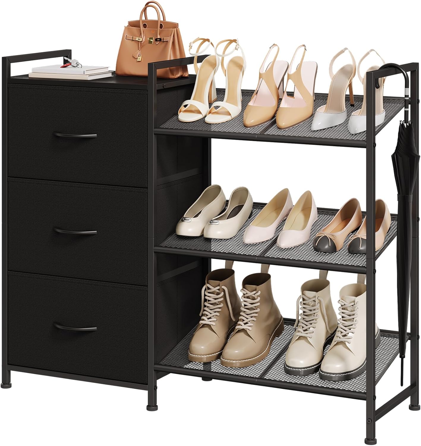 Somdot Shoe Rack, 3 Tier Shoe Organizer with 3 Drawers, Metal Shoe Storage Shelf for 6-9 Pairs of Shoes, Narrow Shoe Rack for entryway, Black