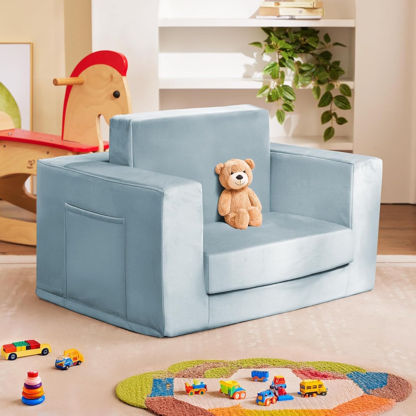 Kids Couch, 2-in-1 Toddler Chair Comfy 1-3 Years, Convertible Kids Chair, Toddler Couch That Fold Out, Kid Lounge Chairs for Boys and Girls, Soft Coral Fleece, Blue