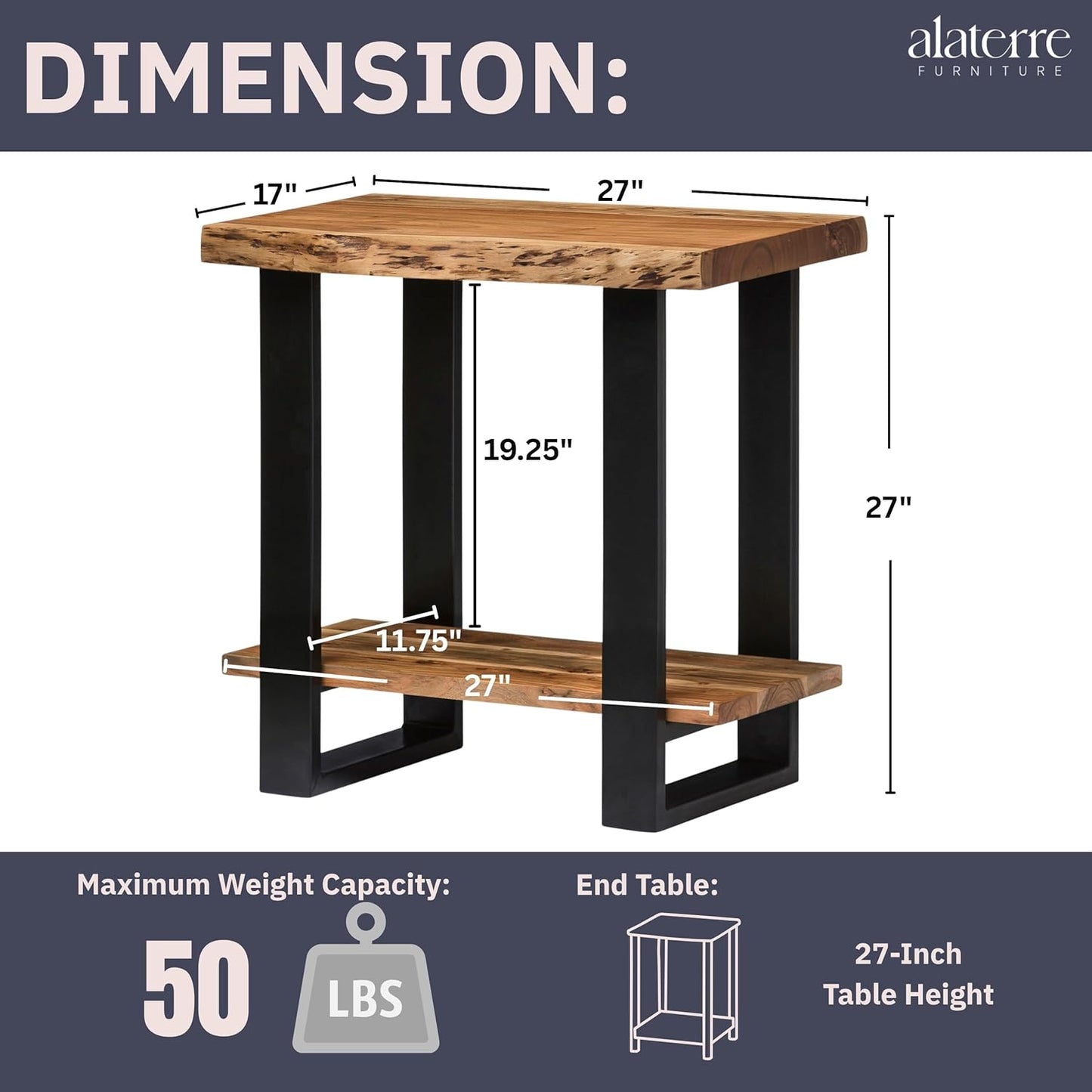 Alpine 2-Tier End Table with Live Edge Design – 27-Inch Solid Acacia Wood Industrial Side Table with Storage Shelf – Modern Nightstand or Accent Table for Living Room by Alaterre Furniture