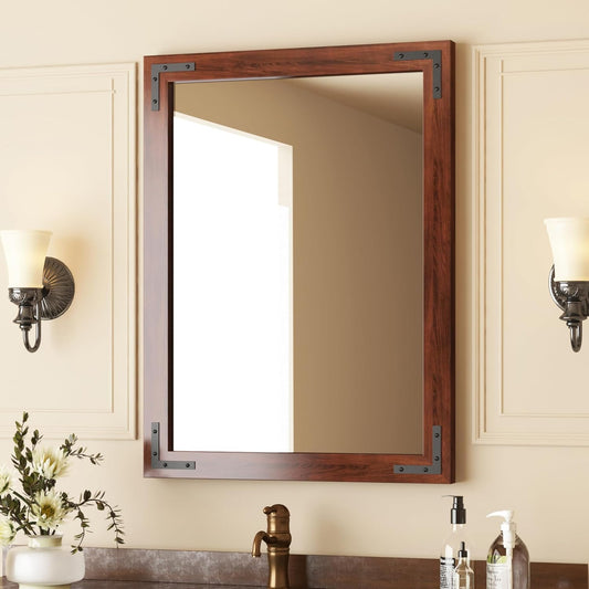VocalStar Rustic Wood Framed Mirror 24 x 36 Inch, Natural Dark Brown Wooden Rectangle Bathroom Vanity Wall Mirror for Farmhouse Boho Decor, 1/4-inch Shatterproof Glass | Waterproof