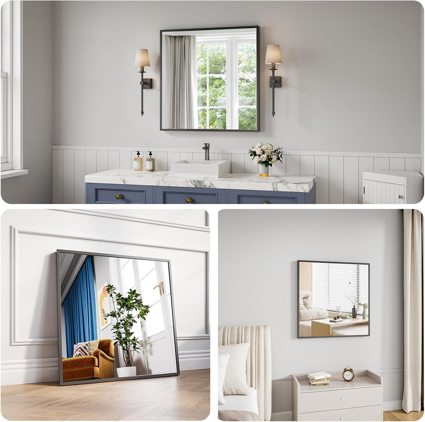 Koonmi Bathroom Mirror 30x30 Black Bathroom Wall-Mounted Mirrors, Modern Vanity Mirror for Bedroom, Living Room, Aluminum Alloy Frame Allow to Hang Horizontally or Vertically