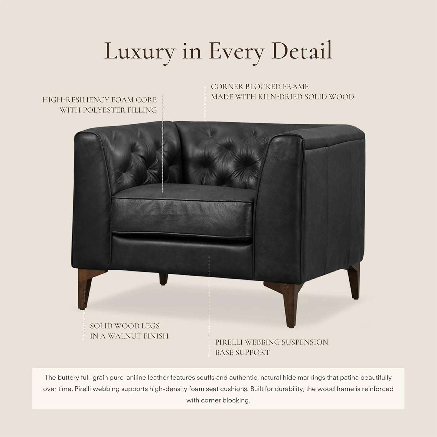 Poly & Bark Essex Lounge Chair - Leather Chair with Tufted Back - Full-Grain Living Room Armchair with Feather-Down Topper - Single Couch - Vintage Italian Leather in Onyx Black