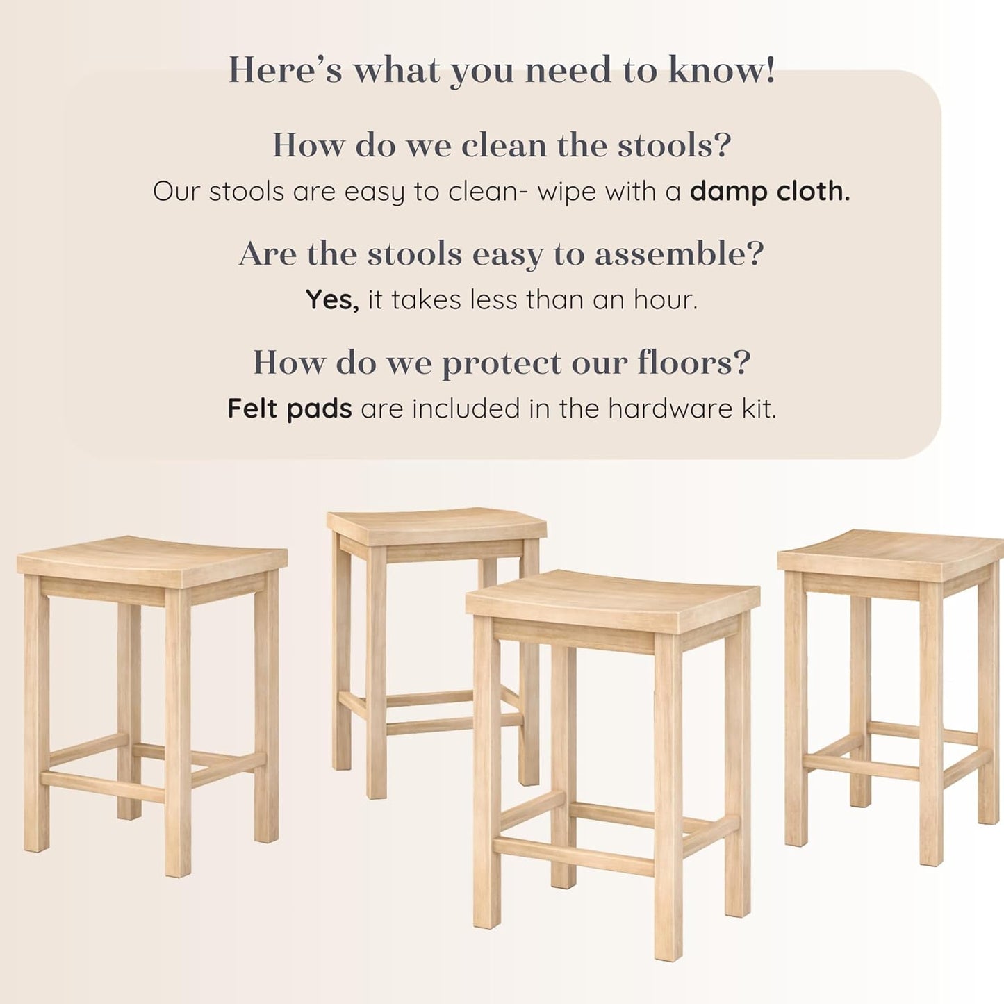 Grain & Grove Smith Collection Set of 4 Solid Wood Counter Height Bar Stools, 24-Inch Saddle Seat Backless Stools, Ideal for Kitchen Island, Dining, or Home Bar Seating, Blonde